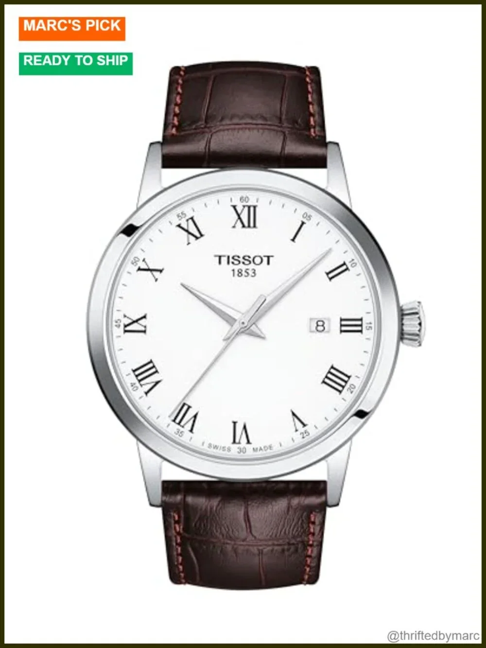 42mm Swiss Quartz Dress Watch with Roman Numerals and Sapphire Crystal